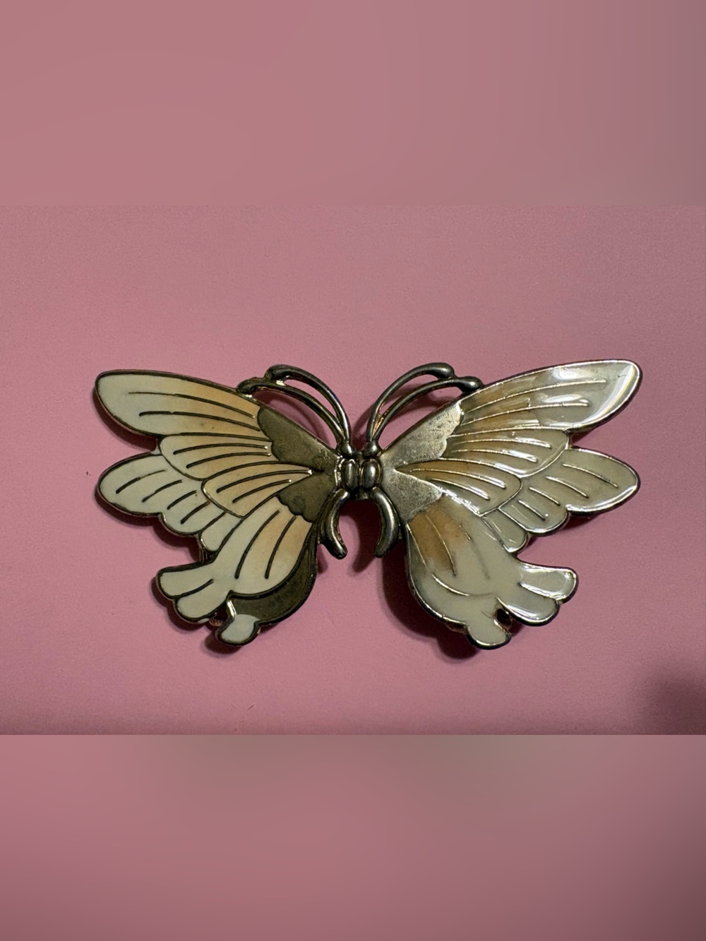 Vintage 1980s Gold Tone Metal and Enamel Cream and Peach Butterfly Belt Buckle